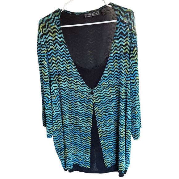 Cm Shapes Top Women's Layered Button Front Plus Relaxed Blue Black Chevron 4XL - Picture 1 of 6